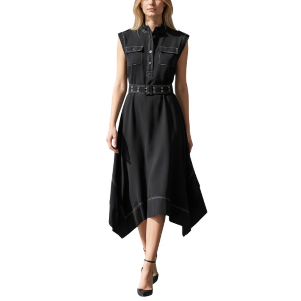 KARL LAGERFELD Assym Belted Midi Dress Sz M Black Retro Business Versatile EUC